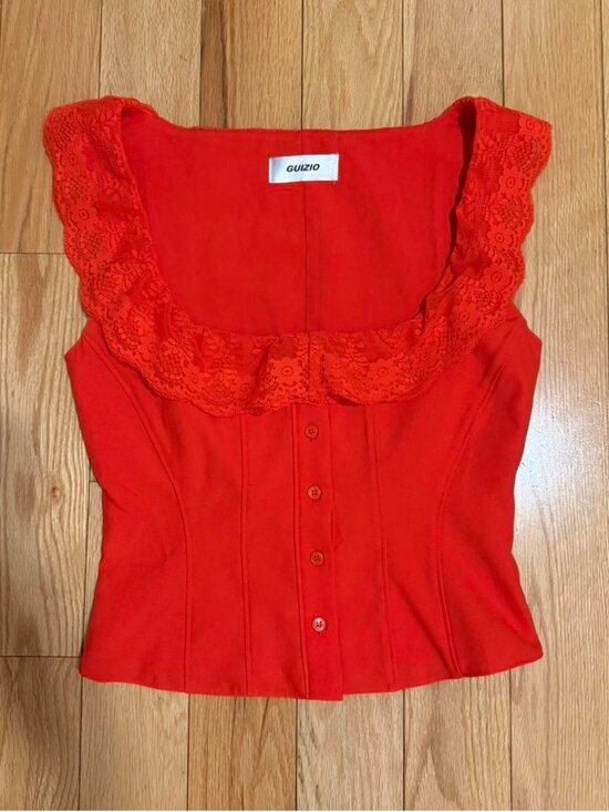 Danielle Guizio Tops - Danielle Guizio Paloma Lace Top XS Corset Tank Button Flutter Scoop Red Poppy